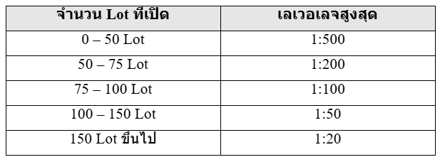ตารางสรุป leverage ตามจำนวน Lot ที่เปิดสถานะอยู่
