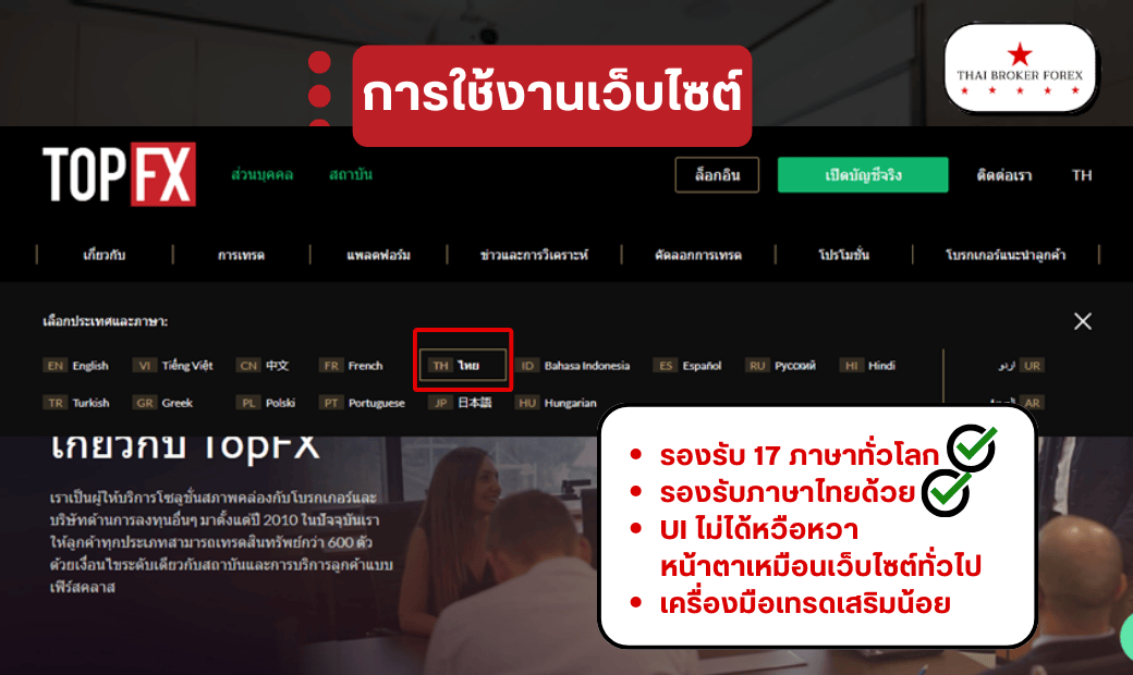 รีวิวด้านการใช้งานเว็บไซต์ภาพรวม TopFX